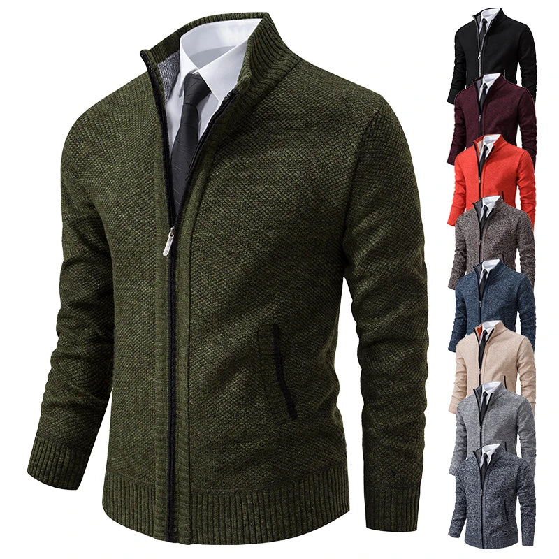 Autumn & Winter Men's Casual Sports Jacket – Solid Color Stand Collar Fleece-Lined Zipper Cardigan for Warmth
