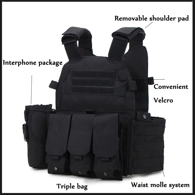 Tactical MOLLE Nylon Vest – Body Armor Plate Carrier for Airsoft, Hunting, and Security Use. Durable combat vest designed for maximum protection and utility, ideal for military simulation, law enforcement, and outdoor tactical games.